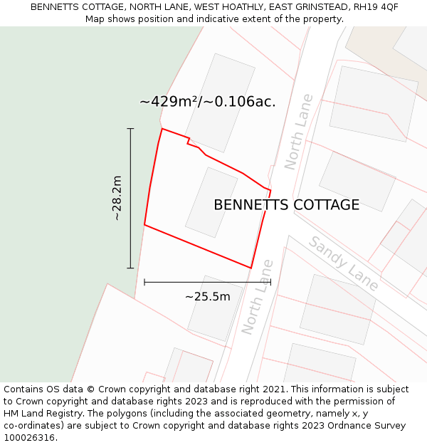 BENNETTS COTTAGE, NORTH LANE, WEST HOATHLY, EAST GRINSTEAD, RH19 4QF: Plot and title map