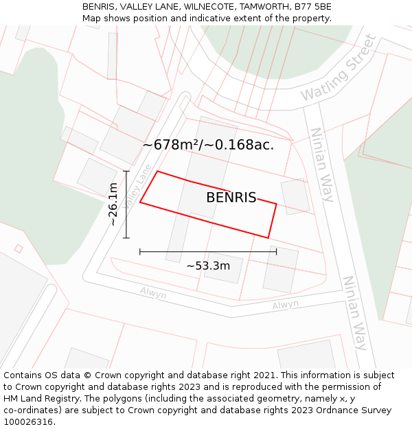 BENRIS, VALLEY LANE, WILNECOTE, TAMWORTH, B77 5BE: Plot and title map