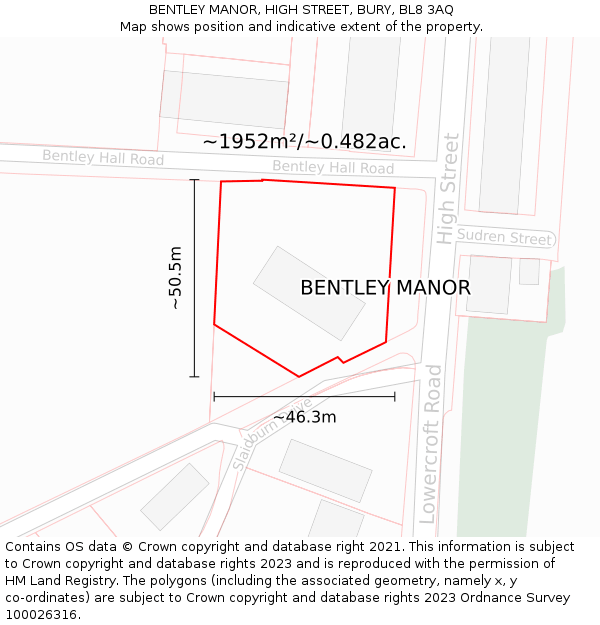 BENTLEY MANOR, HIGH STREET, BURY, BL8 3AQ: Plot and title map