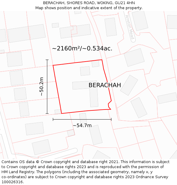 BERACHAH, SHORES ROAD, WOKING, GU21 4HN: Plot and title map