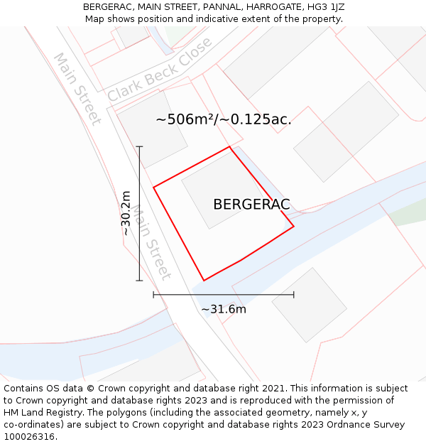 BERGERAC, MAIN STREET, PANNAL, HARROGATE, HG3 1JZ: Plot and title map