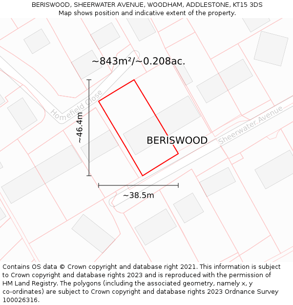 BERISWOOD, SHEERWATER AVENUE, WOODHAM, ADDLESTONE, KT15 3DS: Plot and title map
