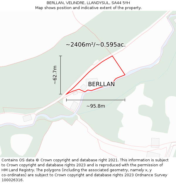 BERLLAN, VELINDRE, LLANDYSUL, SA44 5YH: Plot and title map