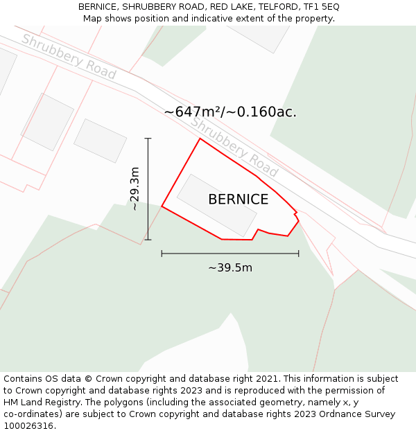 BERNICE, SHRUBBERY ROAD, RED LAKE, TELFORD, TF1 5EQ: Plot and title map