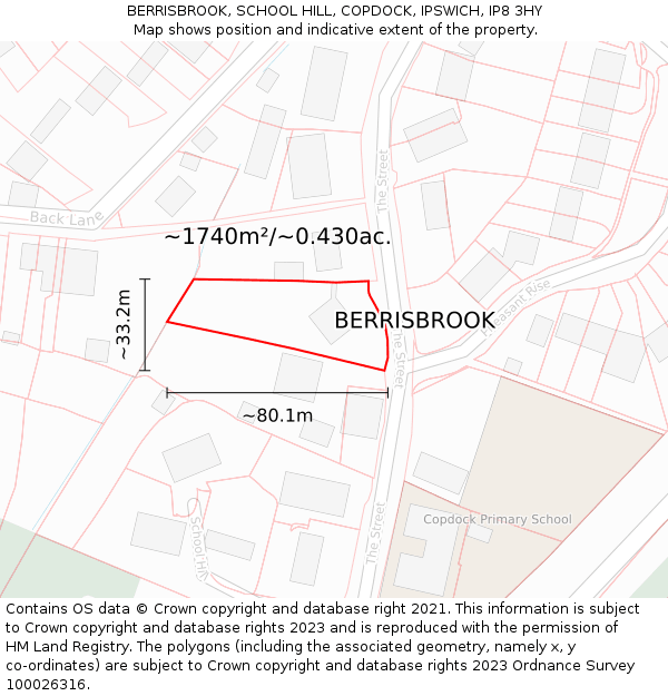 BERRISBROOK, SCHOOL HILL, COPDOCK, IPSWICH, IP8 3HY: Plot and title map