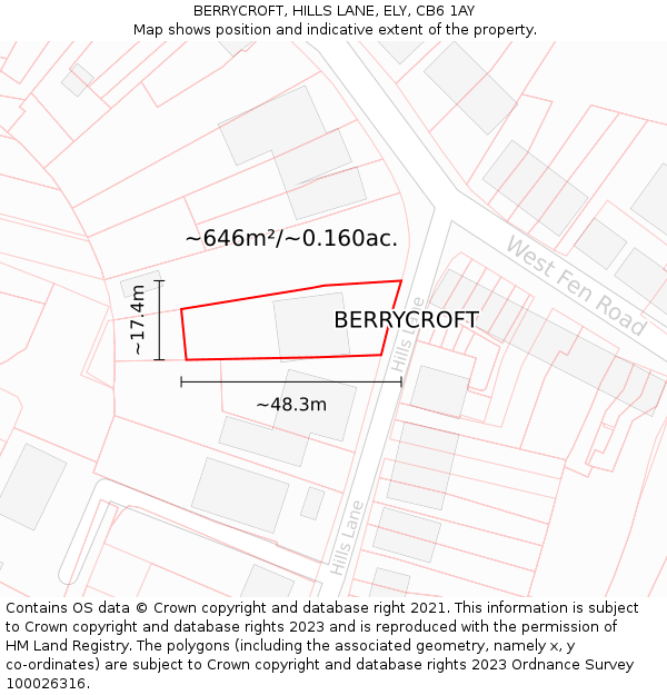 BERRYCROFT, HILLS LANE, ELY, CB6 1AY: Plot and title map
