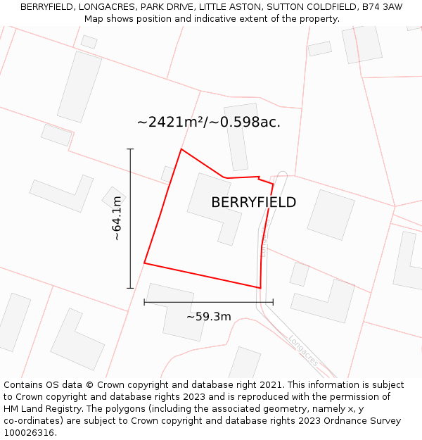 BERRYFIELD, LONGACRES, PARK DRIVE, LITTLE ASTON, SUTTON COLDFIELD, B74 3AW: Plot and title map