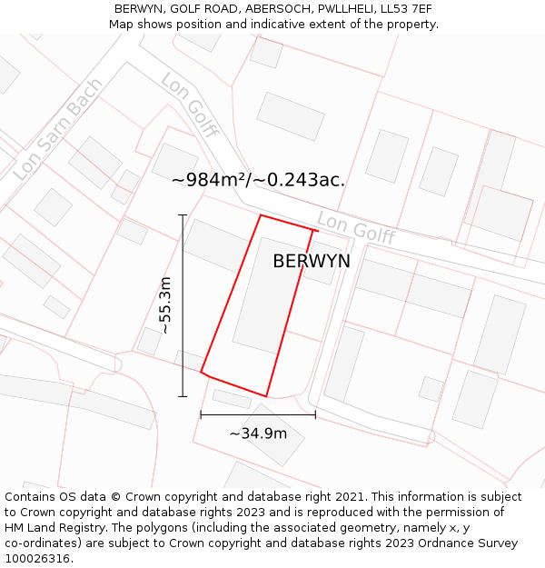 BERWYN, GOLF ROAD, ABERSOCH, PWLLHELI, LL53 7EF: Plot and title map