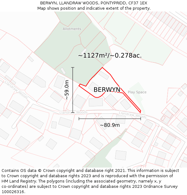 BERWYN, LLANDRAW WOODS, PONTYPRIDD, CF37 1EX: Plot and title map