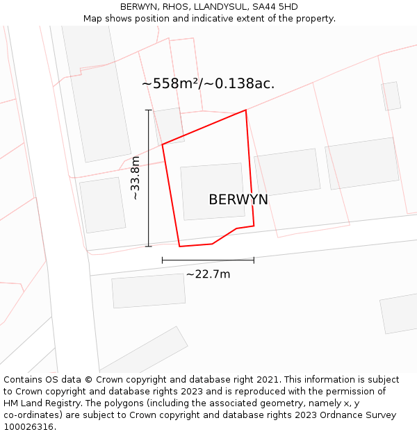 BERWYN, RHOS, LLANDYSUL, SA44 5HD: Plot and title map