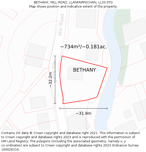 BETHANY, MILL ROAD, LLANFAIRFECHAN, LL33 0TG: Plot and title map