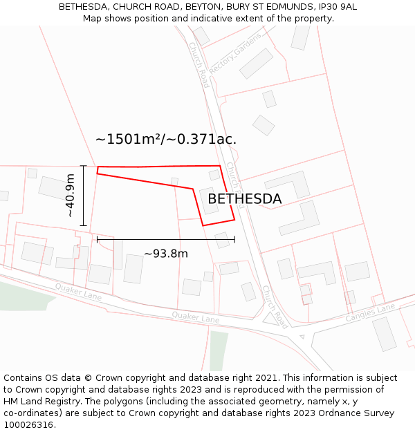 BETHESDA, CHURCH ROAD, BEYTON, BURY ST EDMUNDS, IP30 9AL: Plot and title map