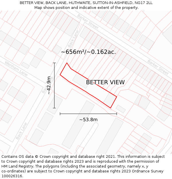 BETTER VIEW, BACK LANE, HUTHWAITE, SUTTON-IN-ASHFIELD, NG17 2LL: Plot and title map