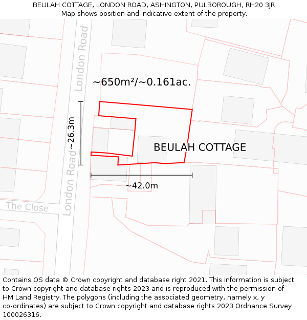 BEULAH COTTAGE, LONDON ROAD, ASHINGTON, PULBOROUGH, RH20 3JR: Plot and title map