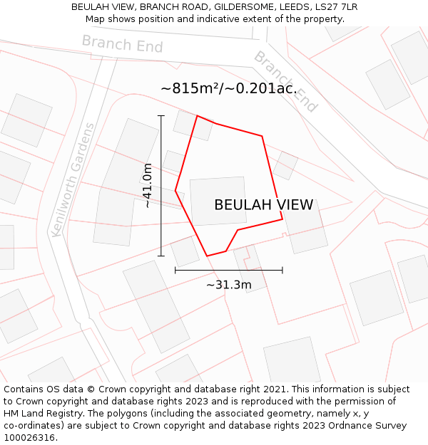 BEULAH VIEW, BRANCH ROAD, GILDERSOME, LEEDS, LS27 7LR: Plot and title map
