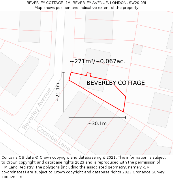 BEVERLEY COTTAGE, 1A, BEVERLEY AVENUE, LONDON, SW20 0RL: Plot and title map