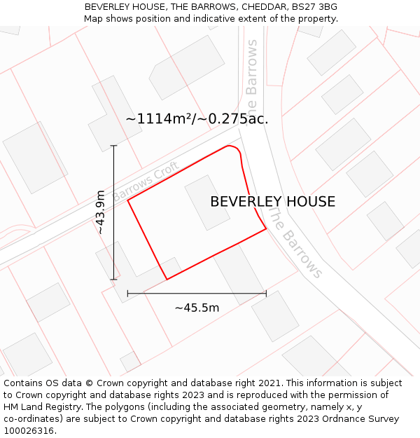 BEVERLEY HOUSE, THE BARROWS, CHEDDAR, BS27 3BG: Plot and title map