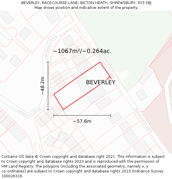BEVERLEY, RACECOURSE LANE, BICTON HEATH, SHREWSBURY, SY3 5BJ: Plot and title map