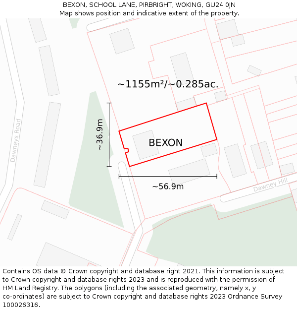 BEXON, SCHOOL LANE, PIRBRIGHT, WOKING, GU24 0JN: Plot and title map
