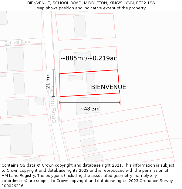 BIENVENUE, SCHOOL ROAD, MIDDLETON, KING'S LYNN, PE32 1SA: Plot and title map