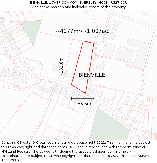 BIENVILLE, LOWER COMMON, EVERSLEY, HOOK, RG27 0QU: Plot and title map