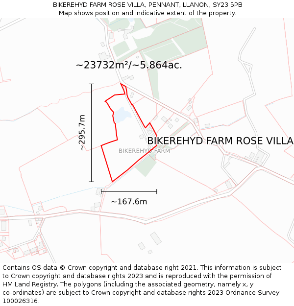 BIKEREHYD FARM ROSE VILLA, PENNANT, LLANON, SY23 5PB: Plot and title map
