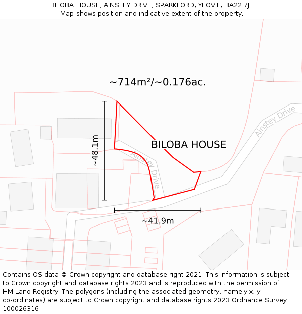 BILOBA HOUSE, AINSTEY DRIVE, SPARKFORD, YEOVIL, BA22 7JT: Plot and title map