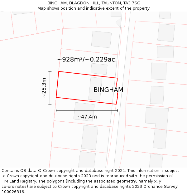 BINGHAM, BLAGDON HILL, TAUNTON, TA3 7SG: Plot and title map