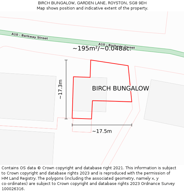 BIRCH BUNGALOW, GARDEN LANE, ROYSTON, SG8 9EH: Plot and title map