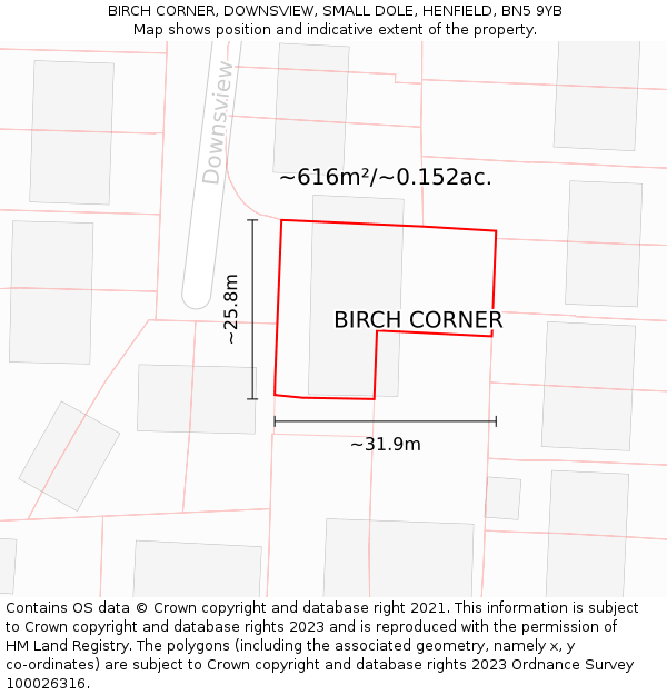 BIRCH CORNER, DOWNSVIEW, SMALL DOLE, HENFIELD, BN5 9YB: Plot and title map