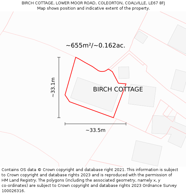 BIRCH COTTAGE, LOWER MOOR ROAD, COLEORTON, COALVILLE, LE67 8FJ: Plot and title map
