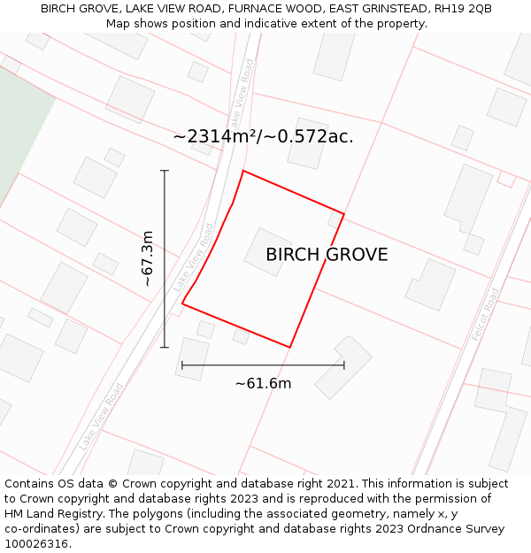 BIRCH GROVE, LAKE VIEW ROAD, FURNACE WOOD, EAST GRINSTEAD, RH19 2QB: Plot and title map