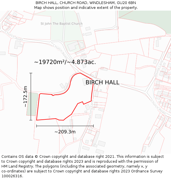 BIRCH HALL, CHURCH ROAD, WINDLESHAM, GU20 6BN: Plot and title map