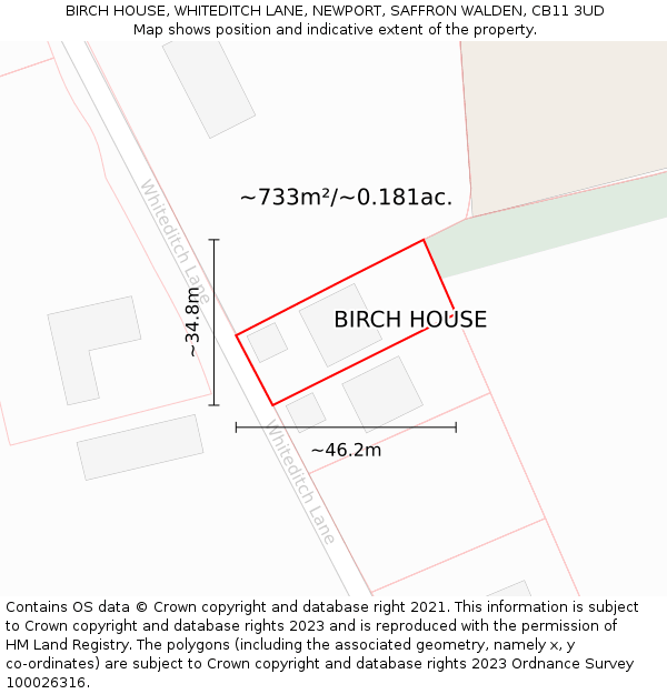 BIRCH HOUSE, WHITEDITCH LANE, NEWPORT, SAFFRON WALDEN, CB11 3UD: Plot and title map