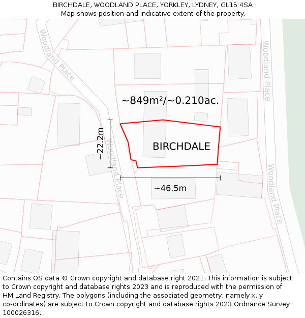 BIRCHDALE, WOODLAND PLACE, YORKLEY, LYDNEY, GL15 4SA: Plot and title map