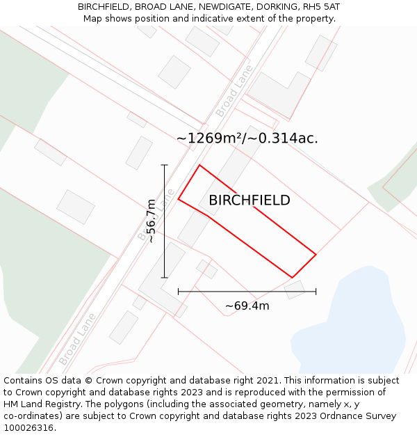 BIRCHFIELD, BROAD LANE, NEWDIGATE, DORKING, RH5 5AT: Plot and title map