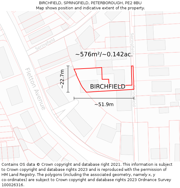 BIRCHFIELD, SPRINGFIELD, PETERBOROUGH, PE2 8BU: Plot and title map