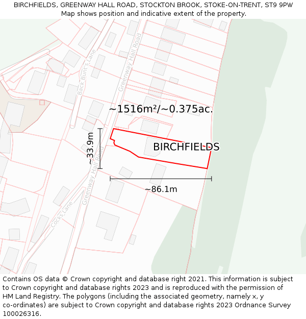 BIRCHFIELDS, GREENWAY HALL ROAD, STOCKTON BROOK, STOKE-ON-TRENT, ST9 9PW: Plot and title map