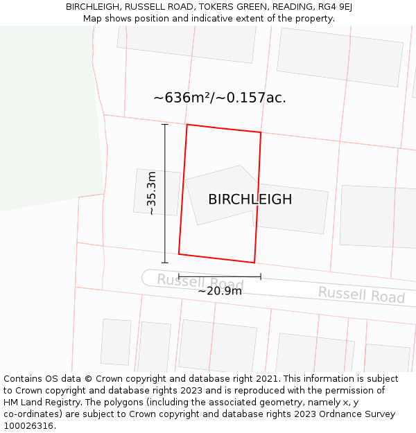 BIRCHLEIGH, RUSSELL ROAD, TOKERS GREEN, READING, RG4 9EJ: Plot and title map