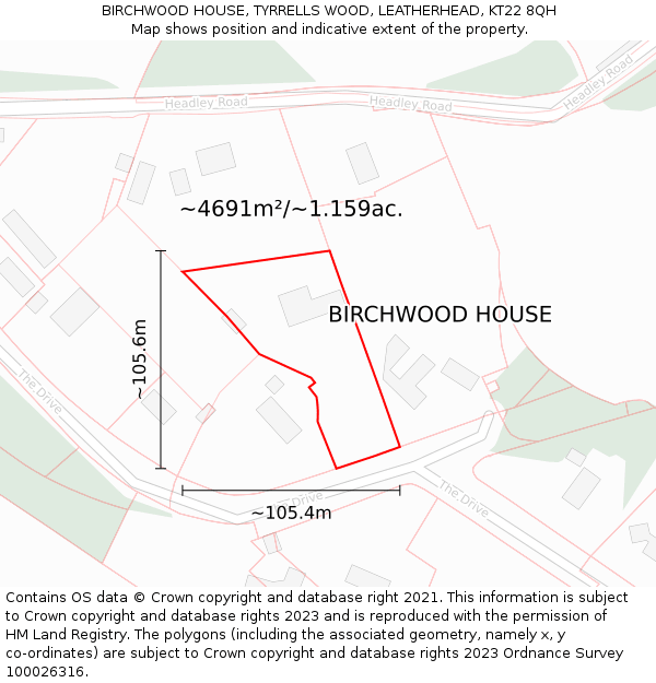 BIRCHWOOD HOUSE, TYRRELLS WOOD, LEATHERHEAD, KT22 8QH: Plot and title map