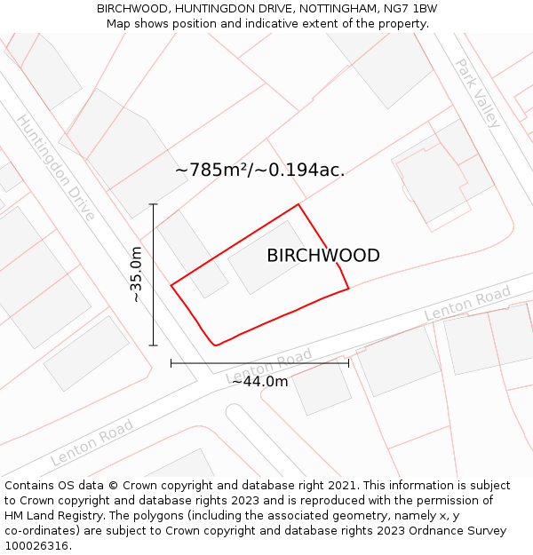 BIRCHWOOD, HUNTINGDON DRIVE, NOTTINGHAM, NG7 1BW: Plot and title map