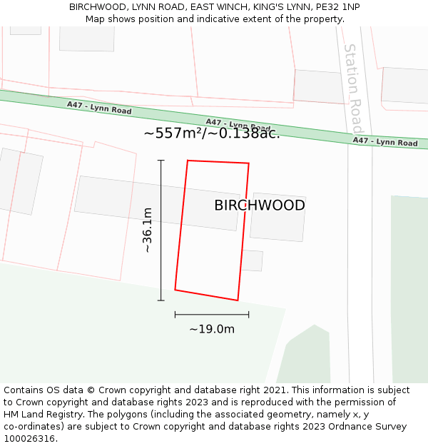 BIRCHWOOD, LYNN ROAD, EAST WINCH, KING'S LYNN, PE32 1NP: Plot and title map
