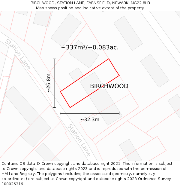 BIRCHWOOD, STATION LANE, FARNSFIELD, NEWARK, NG22 8LB: Plot and title map