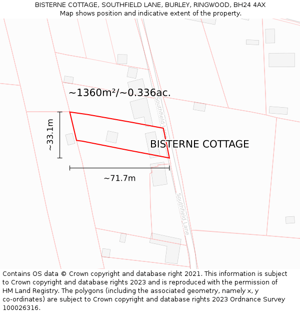 BISTERNE COTTAGE, SOUTHFIELD LANE, BURLEY, RINGWOOD, BH24 4AX: Plot and title map