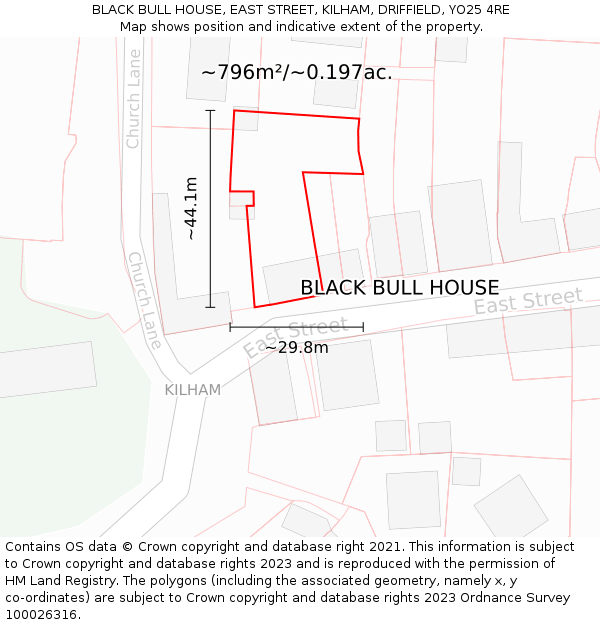 BLACK BULL HOUSE, EAST STREET, KILHAM, DRIFFIELD, YO25 4RE: Plot and title map