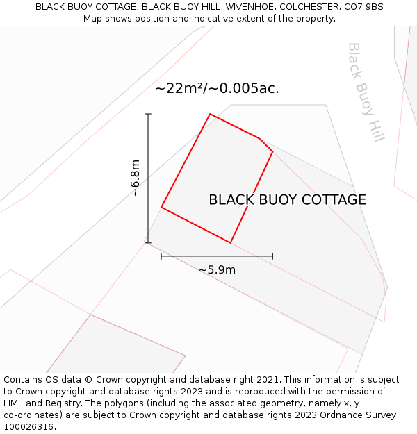 BLACK BUOY COTTAGE, BLACK BUOY HILL, WIVENHOE, COLCHESTER, CO7 9BS: Plot and title map