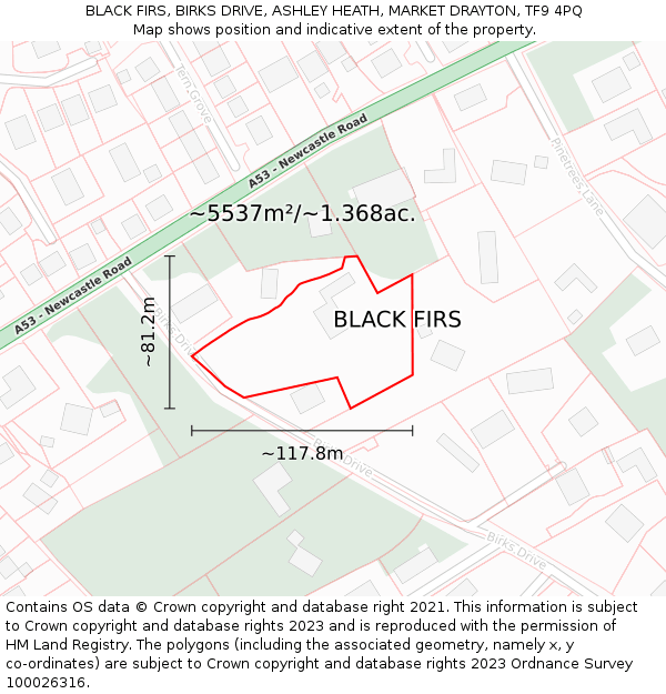BLACK FIRS, BIRKS DRIVE, ASHLEY HEATH, MARKET DRAYTON, TF9 4PQ: Plot and title map