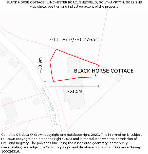 BLACK HORSE COTTAGE, WINCHESTER ROAD, SHEDFIELD, SOUTHAMPTON, SO32 2HS: Plot and title map