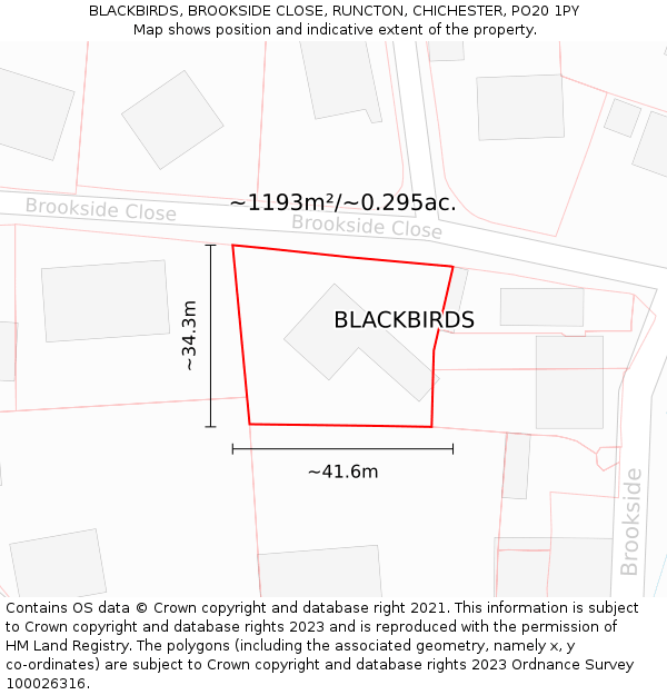 BLACKBIRDS, BROOKSIDE CLOSE, RUNCTON, CHICHESTER, PO20 1PY: Plot and title map