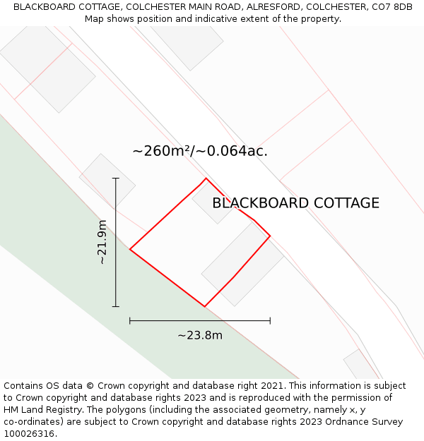 BLACKBOARD COTTAGE, COLCHESTER MAIN ROAD, ALRESFORD, COLCHESTER, CO7 8DB: Plot and title map